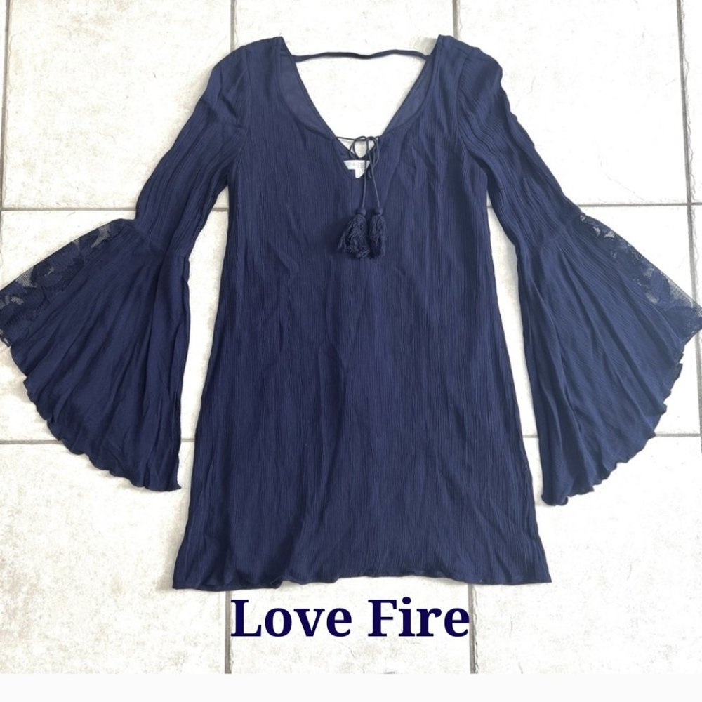 NWOT Love Fire Navy Blue Bell Sleeve V-Neck Tie String Mini Dress. Sz: S